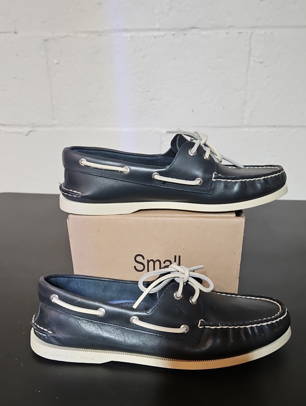 Sperry Navy Leather Boat Shoes with White Laces